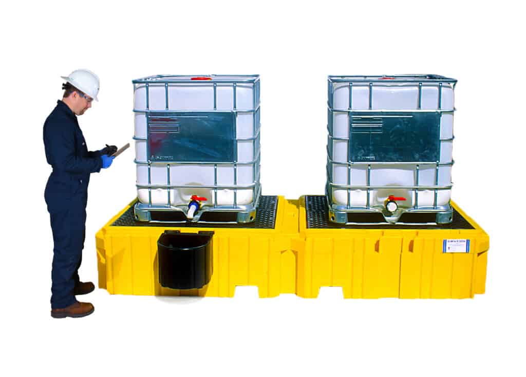 IBC Spill Pallet, 2 Unit Poly Platform 124.5x61-5/8x22 inches 1 Left Side Shelf Drains to Sump No Fork YES Drain - manufacturer product image 1