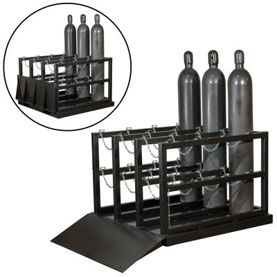 12-Gas Cylinder Forklift Pallet Barricade Rack, Ramp End Load, steel - Gas Cylinder Storage