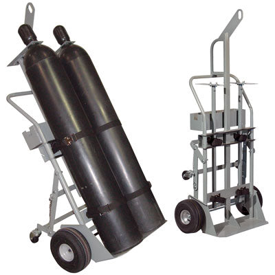 Double Cylinder Hand Truck, 10.5in Pneumatic Wheels, Casters, Hoist Ring, Tool Tray, steel - Gas Cylinder Storage