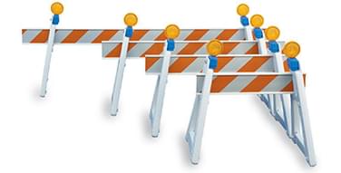 10ft Plastic Economy Barrier Rail with A-Frame barricade legs - various rail lengths shown
