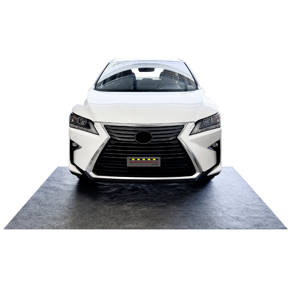 White car on a black platform with a white background
