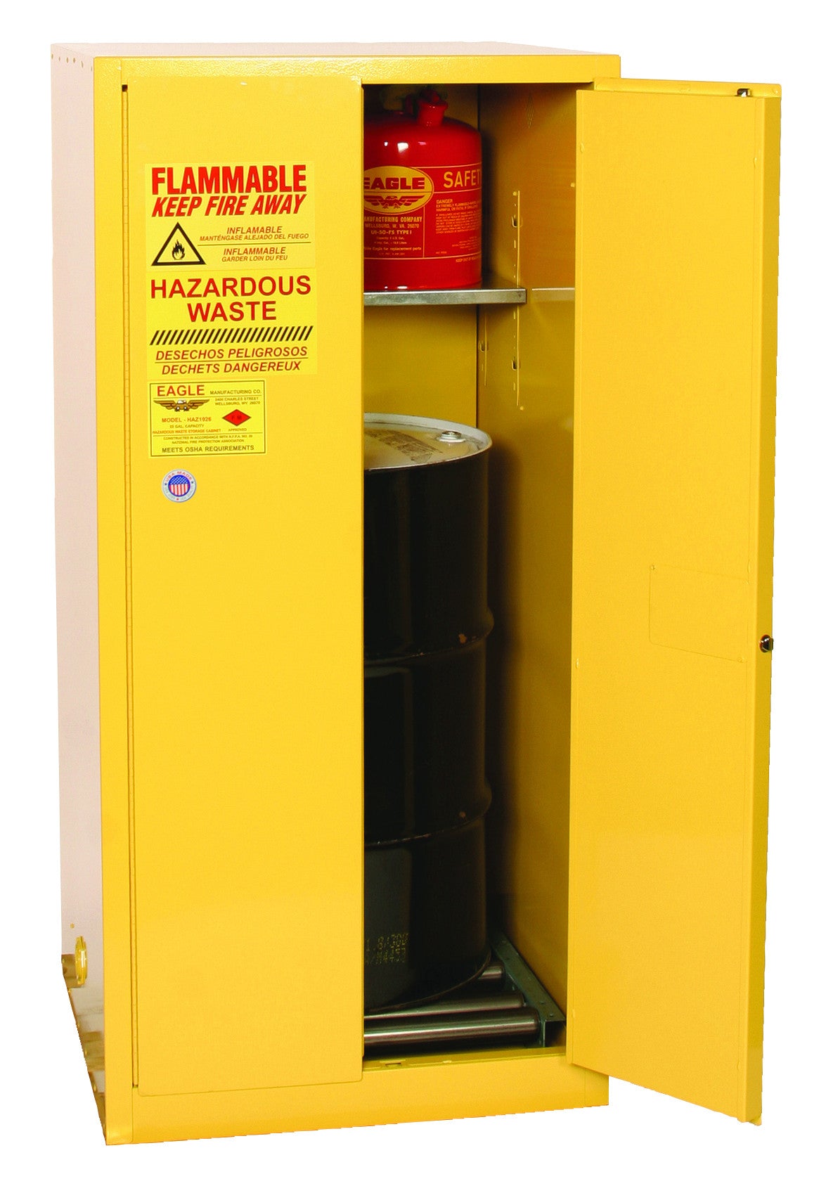 55-Gal Yellow Safety Cabinet w/ rollers, 1 Vertical Drum, Manual Close - manufacturer product image 2