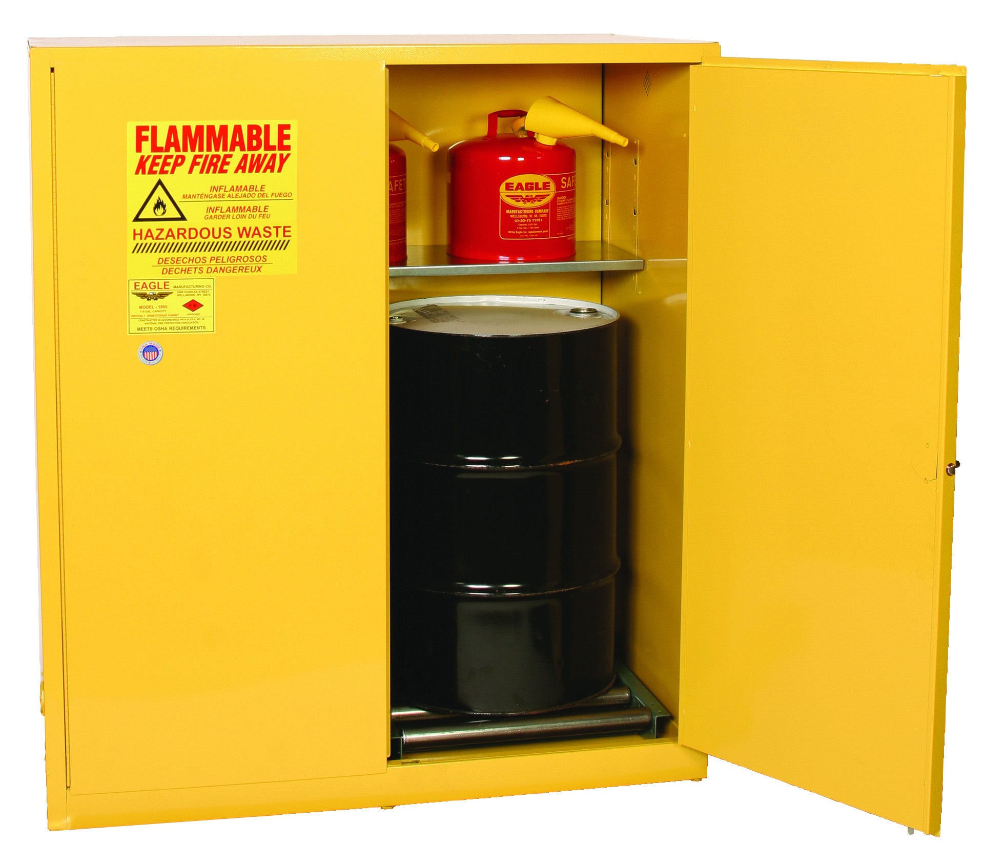 110-Gal Yellow Safety Cabinet w/ rollers, 2x 55-Gal Drums, Manual Close - manufacturer product image 2