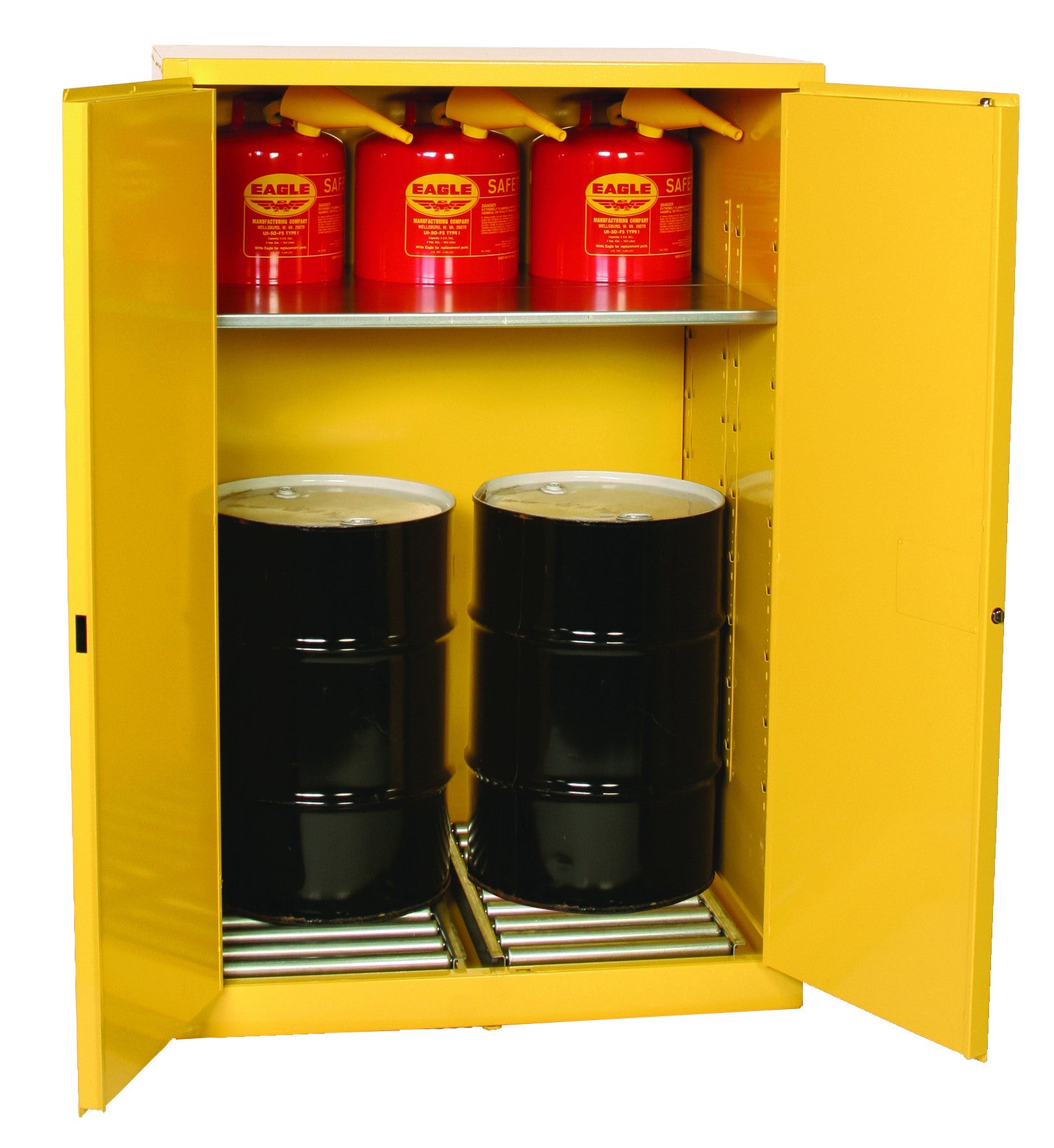 60-Gal Yellow Safety Cabinet w/ rollers, 2x 30-Gal Drums, Manual Close - manufacturer product image 2