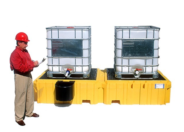IBC Spill Pallet, 2 Unit Poly Platform 124.5x61-5/8x22 inches 1 Left Side Shelf Drains to Sump No Fork YES Drain - Spill C...