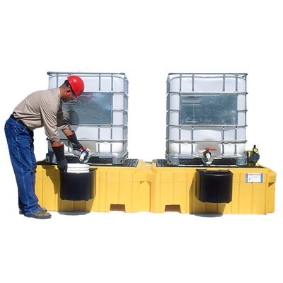 IBC Spill Pallet, 2 Unit Poly Platform 124.5x61-5/8x22in, 2-Shelf Drain to Sump, No Fork/Drain - Spill Containment Pallets