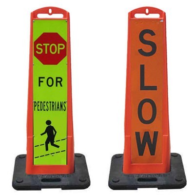 Orange Vertical Panel Barricade Message on 8x36" sheeting, 12lb rubber base, plastic - Traffic Safety Supplies