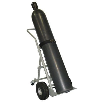 Single Gas Cylinder Hand Truck, 10.5in Semi-Pneumatic Wheels w Rear Casters, steel - Gas Cylinder Storage