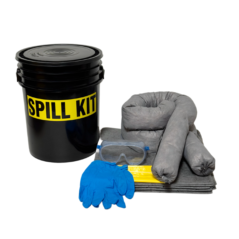 Spill kit with black bucket, gray absorbent pads, blue gloves, and goggles on a white background