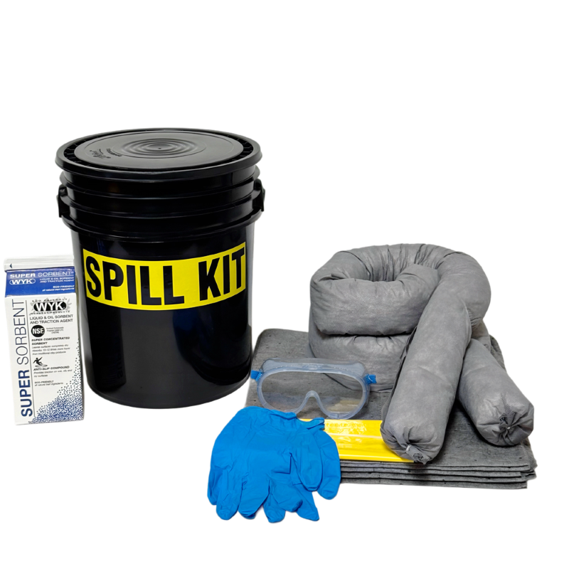 Spill kit with black bucket, absorbent pads, gloves, and goggles on a white background