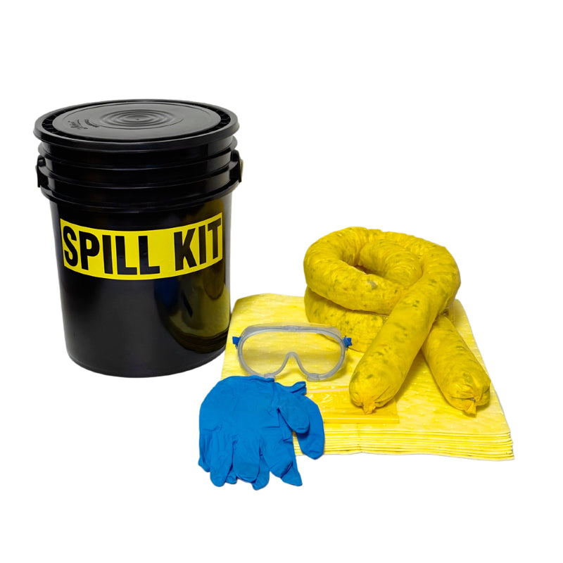 Spill kit with black bucket, absorbent pads, gloves, and goggles on a white background