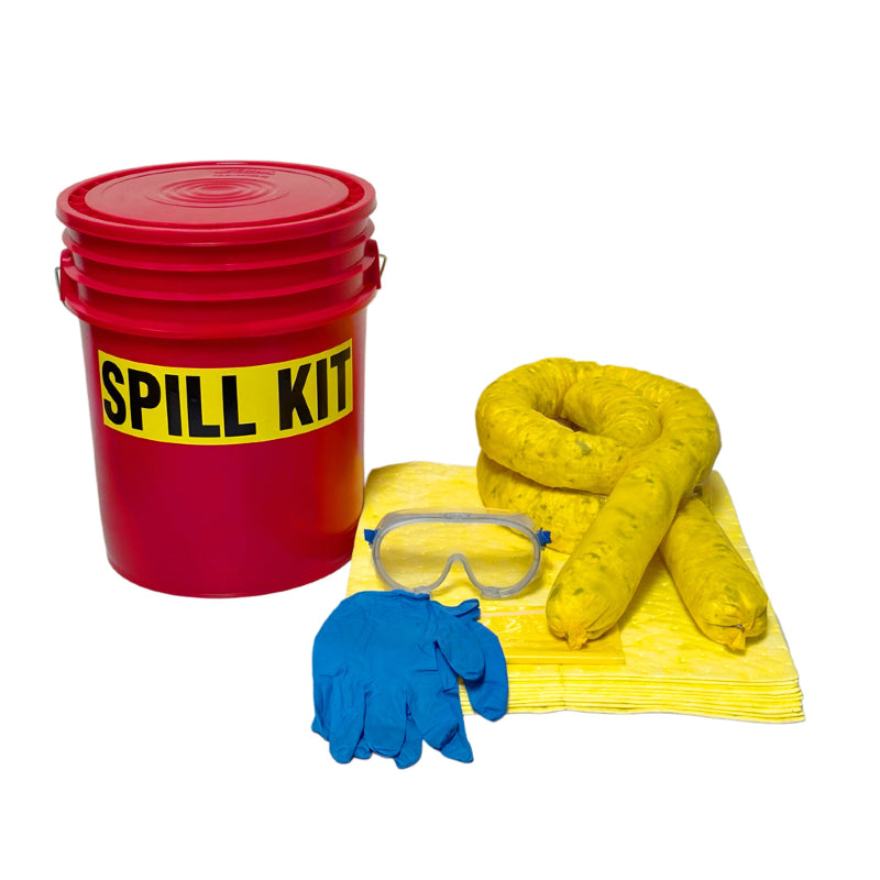 Spill kit with red bucket, yellow towels, gloves, and goggles on a white background