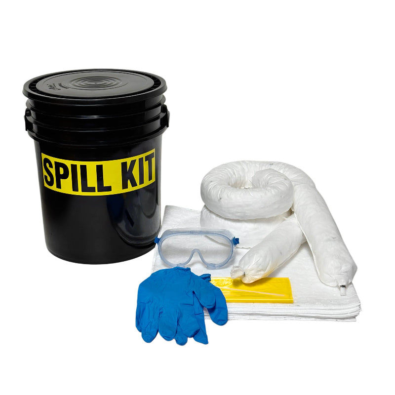 Spill kit with black bucket, gloves, goggles, and absorbent pads on a white background