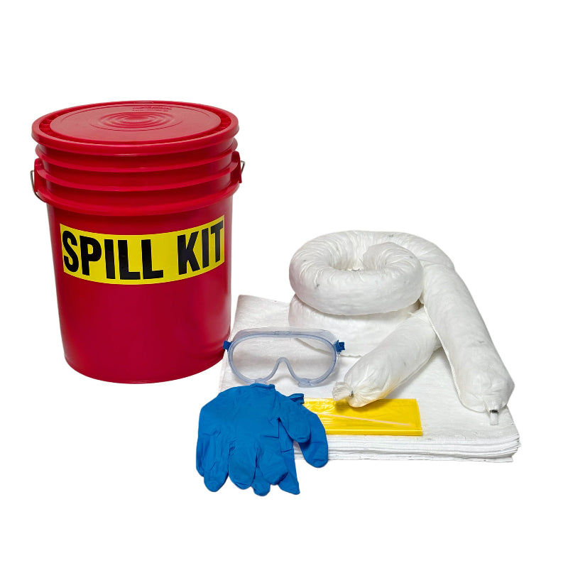 Spill kit with red bucket, gloves, goggles, and absorbent pads on a white background