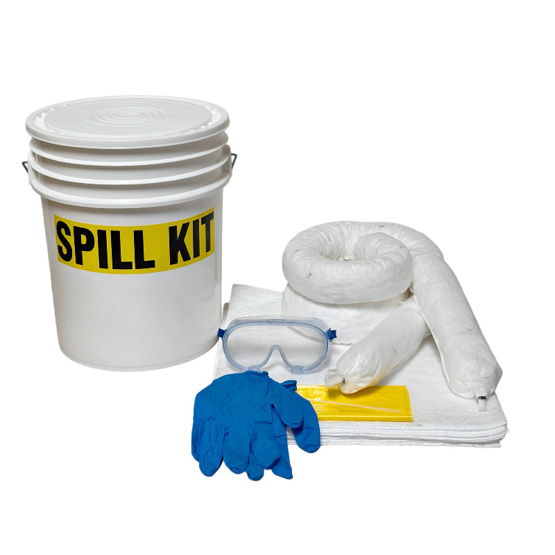 Spill kit with a white bucket labeled 'Spill Kit', gloves, goggles, and absorbent pads on a white background.