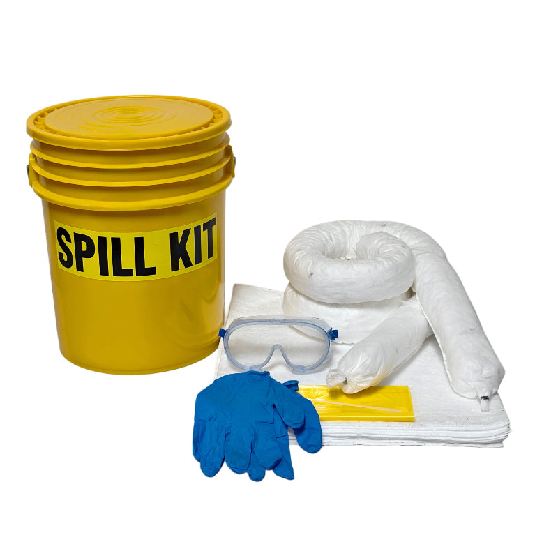 Spill kit with yellow bucket, gloves, goggles, and absorbent pads on a white background