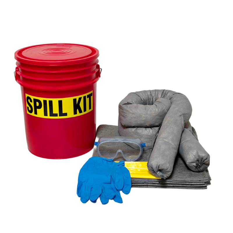 Spill kit with red bucket, gray absorbent pads, blue gloves, and goggles on a white background.