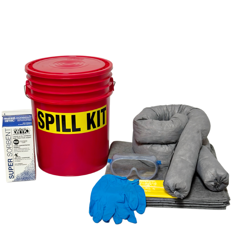 Spill kit with red bucket, absorbent pads, gloves, and goggles on a white background