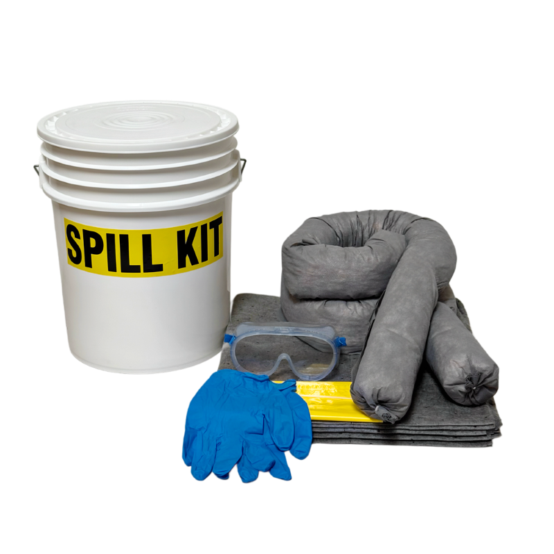 Spill kit with a white bucket, gray absorbent pads, blue gloves, and safety goggles on a white background.