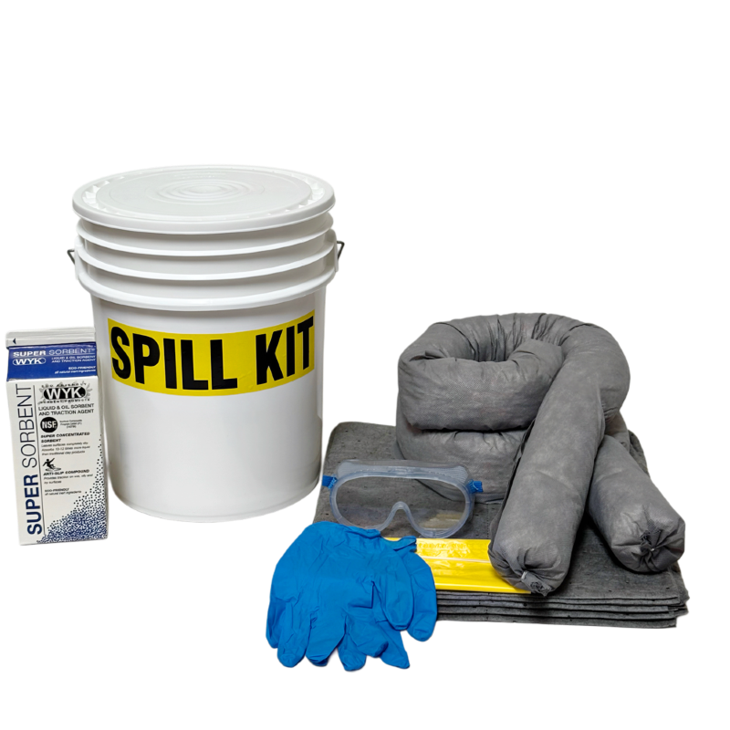 Spill kit with a white bucket labeled 'Spill Kit', gloves, goggles, and absorbent pads on a white background.