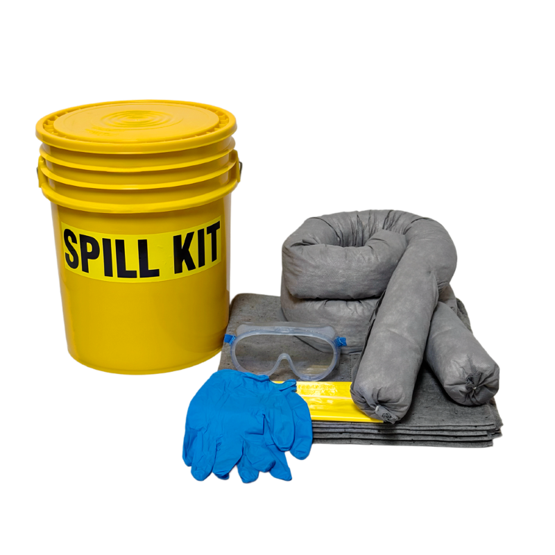 Spill kit with yellow bucket, gloves, goggles, and absorbent materials on a white background