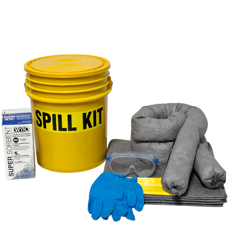 Spill kit with yellow bucket, absorbent pads, gloves, and goggles on a white background