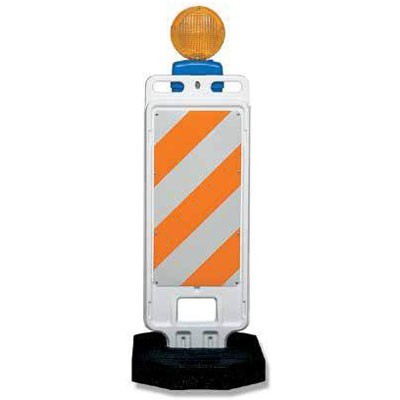 Step-N-Lock Vertical Panel Barricade, 12x24" sheeting, 28lb rubber base, polyethylene - Traffic Safety Supplies
