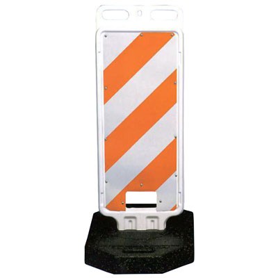 Step-N-Lock Vertical Panel Barricade, 12x30" sheeting, 43lb rubber base, polyethylene - Traffic Safety Supplies