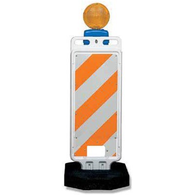 Step-N-Lock Vertical Panel Barricade, 12x30" sheeting, 28lb rubber base, polyethylene - Traffic Safety Supplies