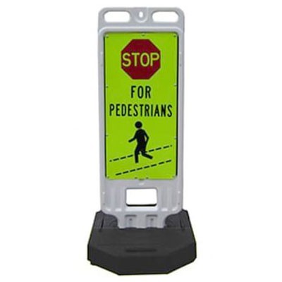 Stop for Pedestrians Vertical Panel Barricade, 12x24" sheeting, 28lb rubber base, polyethylene - Traffic Safety Supplies
