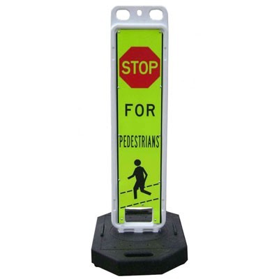 Stop for Pedestrians Vertical Panel Barricade, 8x36" sheeting, 43lb rubber base, polyethylene - Traffic Safety Supplies
