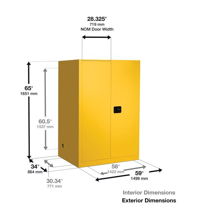110-Gal Yellow Safety Cabinet w/ rollers, 2x 55 Gal. Drums, Self-Closing - manufacturer product image 2