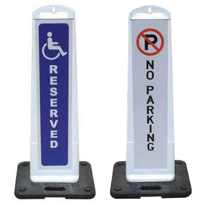 White Vertical Panel Barricade Message on 8x36" sheeting, 12lb rubber base, plastic - Traffic Safety Supplies